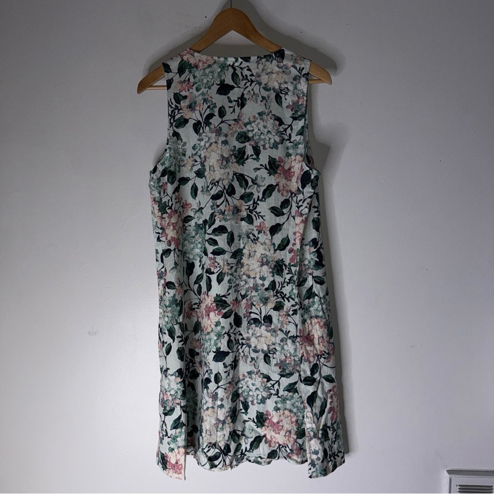 J.Jill Linen Sleeveless‎ Dress Floral Hydrangeas Beach Lagenlook Sz L - Picture 2 of 5